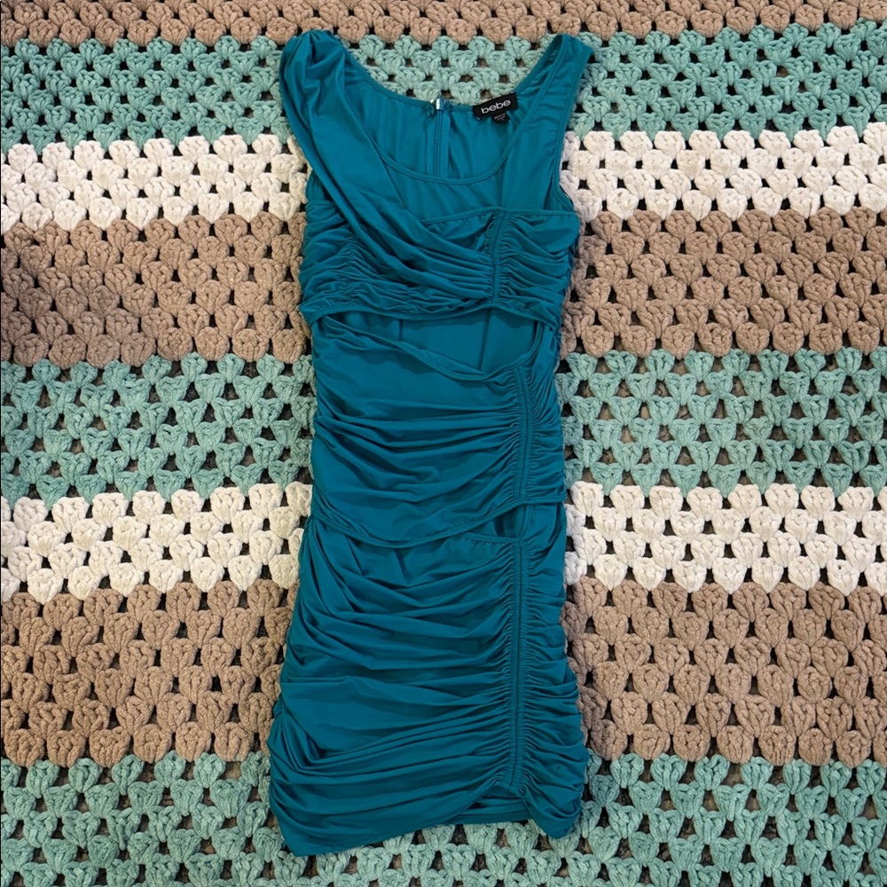 bebe Teal Blue Ruched Gathered Bodycon Fitted Mini Dress Womans sz Small